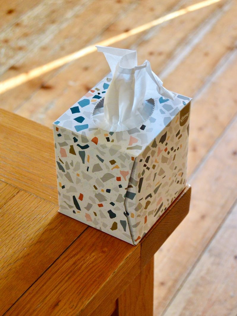 white and blue floral tissue box