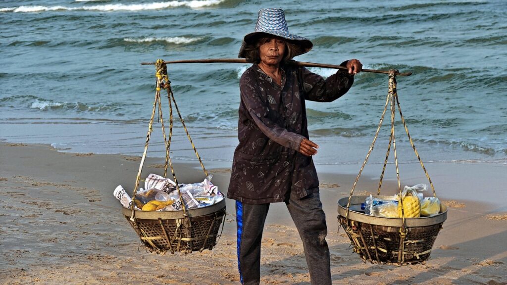 thailand, beach, seller, sea, sweets, nature, trade, yoke, lunch, nutrition, sushi